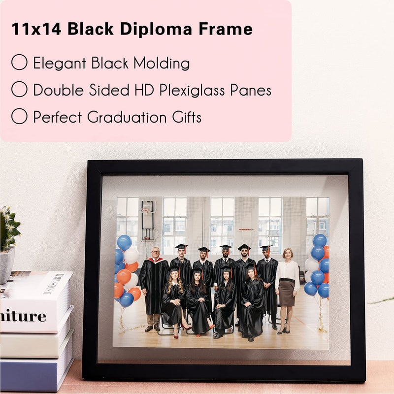UMICAL 2 Pack - 11x14 Float Document Frame with Double Sided HD Plexiglass for Floating Display of 8.5x11 Document, Certificate, Image or Artwork, Wood Diploma Frame Decor of Wall Mounting, Black - Image 4